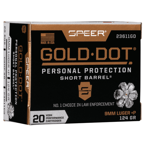 Speer 23611GD Gold Dot Personal Protection Short Barrel 9mm Luger +P 124gr Hollow Point 20 Per Box