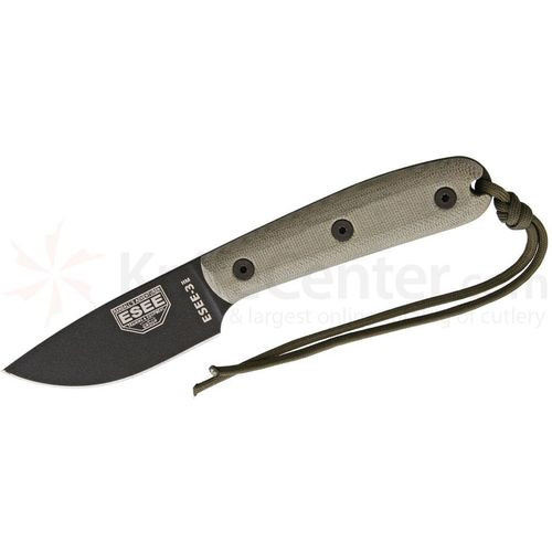 ESEE-3HM Plain Edge Knife, Modified Micarta Handles, Black Kydex Embossed Sheath