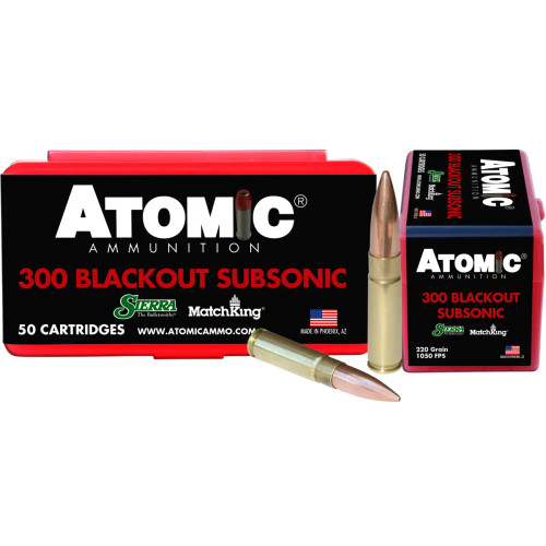Atomic Ammunition Rifle Subsonic 300 Blackout 220gr Hollow Point Boat Tail 50 Per Box 00465