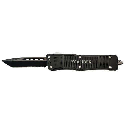 Xcaliber Knife Company 40 Cal Large 3.80" OTF Tanto Part Serrated Black 440C SS Blade, 5.30" Steel Handle