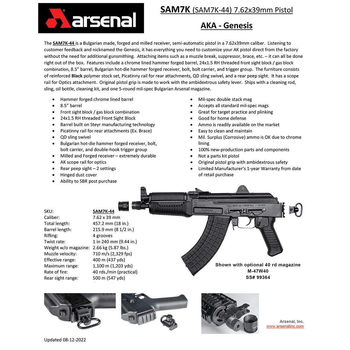 Arsenal SAM7K-44 7.62x39mm, 8.5 Threaded Barrel, Milled Receiver