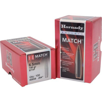 Hornady 26335 Match 6.5mm .264 140 GR Boat Tail Hollow Point Match 100 Box