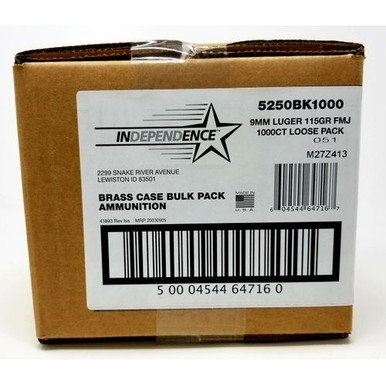 Independence 9mm luger 115gr FMJ Brass Case 1000rds