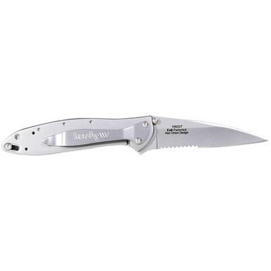 Kershaw 1660ST Leek  3" Drop Point Part Serrated Bead Blasted 14C28N Sandvik 410 Stainless Blead Blasted Handle Folding