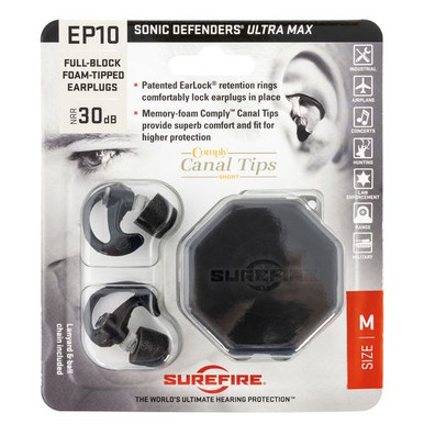 SureFire EP10BKMPR EP10 Sonic Defenders Ultra Max Medium 30 dB Full Block Style Black Foam Tips for Adults 1 Pair