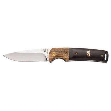 Browning 3220231 Buckmark Hunter 3" Folding Drop Point Plain Mirror 8CR14MoV SS Blade Black/Hardwood Finger Groove Handle