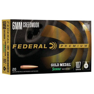 Federal GM6CRDM1 Gold Medal  6mm Creedmoor 107 gr Sierra MatchKing Hollow Point Boat-Tail 20 Bx/ 10 Cs