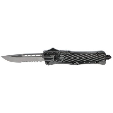 CobraTec Knives SSWCTK1SDS CTK-1 Small 2.75" OTF Part Serrated D2 Steel Blade/Black Stonewashed Aluminum Handle Features Glass Breaker Includes Pocket Clip