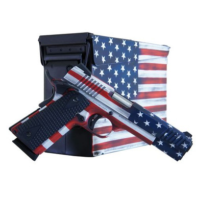 Citadel CITC45FUSAAC M1911 Flag 45 ACP 8+1, 5" Stainless Steel Barrel, American Flag Cerakote Serrated Steel Slide, Steel Frame w/Beavertail, Features Matching Ammo Can, Ambidextrous