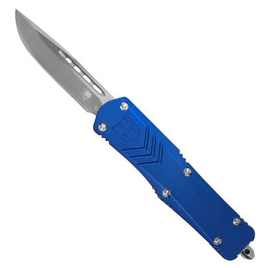 CobraTec Knives SBLUFSXSDNS FS-X Small 2.50" OTF Drop Point Plain D2 Steel Blade/Blue Anodized Aluminum Handle Features Glass Breaker Includes Pocket Clip