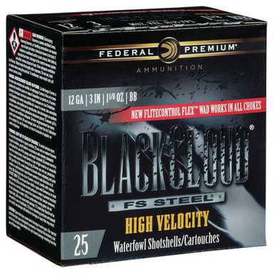 Federal PWBXH143BB Black Cloud FS Steel High Velocity 12 Gauge 3" 1 1/8 oz BB Shot 25 Bx/ 10 Cs