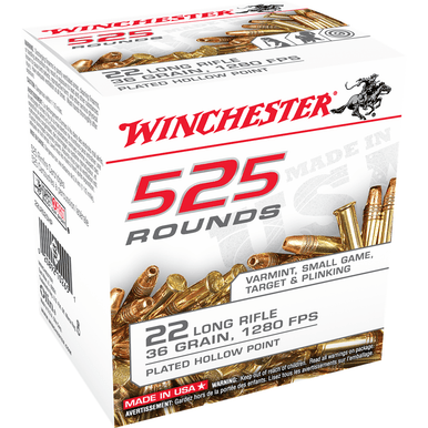 Winchester Ammo 22LR525HP USA  22 LR 36 gr Copper Plated Hollow Point (CPHP) 525 Bx (Bulk)
