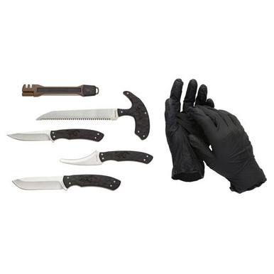 Browning 3220422B Primal Combo 8Cr13MoV SS Skinner, Caper, Gut Tool, Bone Saw, Sharpening Tool Black Polymer Over-mold
