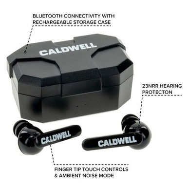 Caldwell 1102673 E-Max Shadows Rechargeable 23 dB Wireless Black Earbuds with Bluetooth for Adults Includes Storage Case & Multiple Size Tips