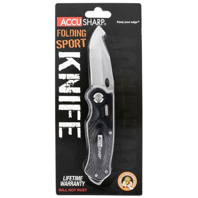 AccuSharp 703C Sport  3" Folding Plain Stainless Steel Blade Black Anodized Aluminum Handle