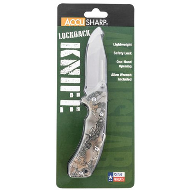 AccuSharp 713C Lockback  3" Folding Clip Point Plain Stainless Steel Blade FRN Camo Handle