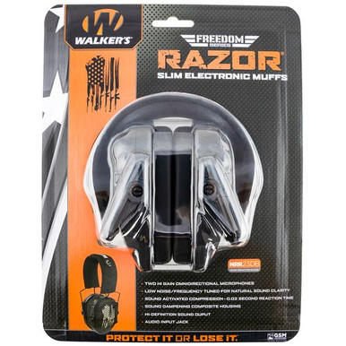 Walker's WP-RSEMFS-FLG Razor Freedom Muff 23 dB Over the Head Polymer Black Ear Cups with Distressed U.S Flag, Black Headband & White Logo