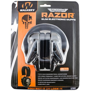 Walker's WP-RSEMFS-PUN Razor Freedom Muff 23 dB Over the Head Polymer Black Ear Cups with Distressed Punisher Flag, Black Headband & White Logo