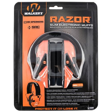 Walker's GWP-RSEM-COR Razor Slim Electronic Muff 23 dB Over the Head Polymer Coral Ear Cups with Black Headband & White Logo