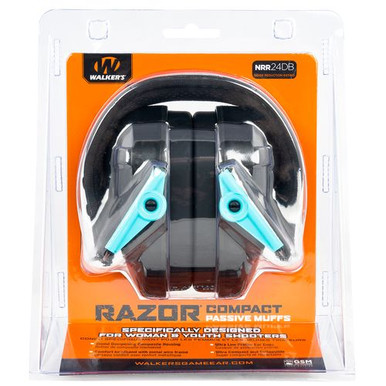 Walker's GWP-CRPAS-TL Razor Compact Passive Muff 24 dB Over the Head Polymer Teal Ear Cups with Black Headband & White Logo (Youth, Women)