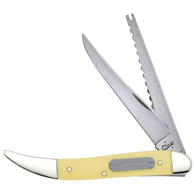 Case 00120 Fishing  3.40" Folding Clip/Fish Scaler Plain/Serrated Tumble Polish Tru-Sharp SS Blade Yellow Synthetic Handle