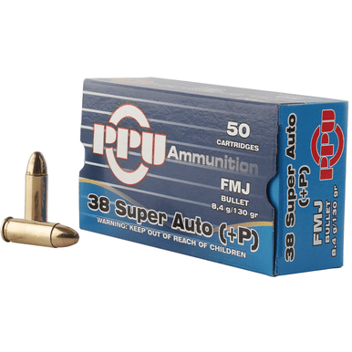 PPU PPH38SU Handgun 38 Super +P 130 gr Full Metal Jacket 50 Per Box