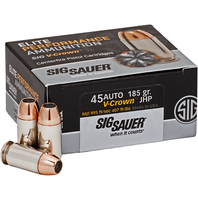 Sig Sauer E45AP050 Elite Defense 45 ACP 185 gr 995 fps V-Crown Jacketed Hollow Point (VJHP) 50 Bx