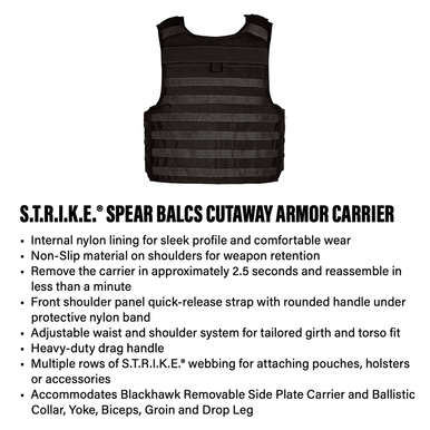 Blackhawk STRIKE Spear Balcs Cutaway Armor Carrier Size XL