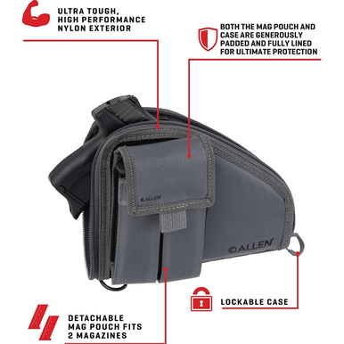 Allen 79-9 Pistol Case w/Mag Pouch Charcoal Nylon Fits Full-Size Handguns