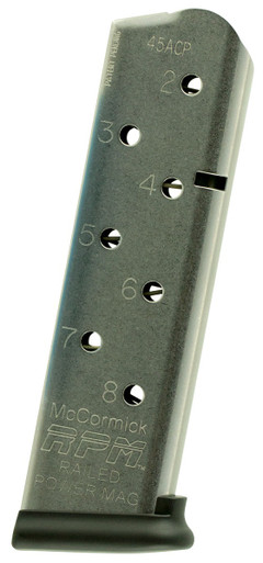 CMC Products Power Mag Railed 8rd 45 ACP Caliber Fits 1911 Government Stainless Steel w/ Black Base Pad Magazine - 17130