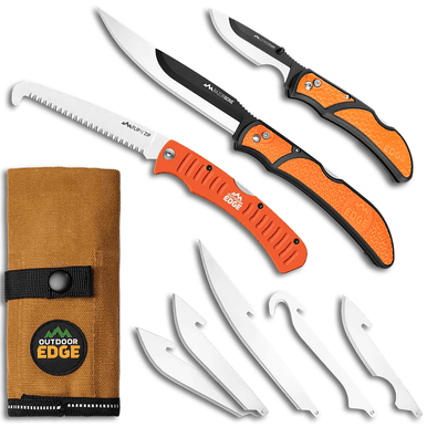 Outdoor Edge RGP1 RazorGuide Hunters Combo Kit 8 Blades, Folding Boning/Caping/Drop Point/Gutting Satin/Black Oxide 420J2 SS Blades