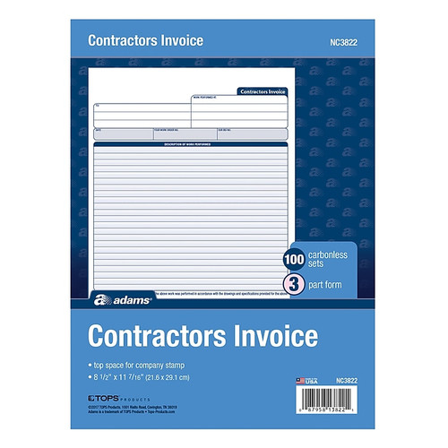 Adams 3-Part Carbonless Contractors Invoice Forms, 8.5"W x 11.44"L, 100/Pack (ABF NC3822)