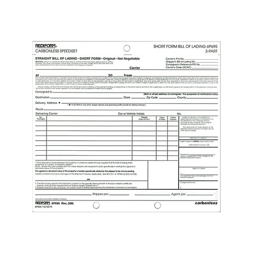 Rediform Speediset Polypacks 3-Part Carbonless Bill of Lading, 7"L x 8.5"W, 50 Sets/Book (RED6P695)