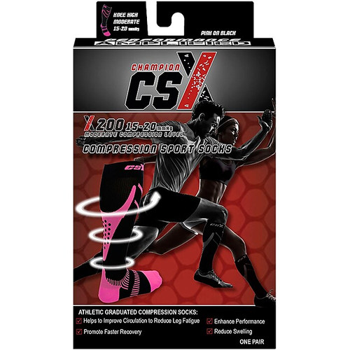 CSX Compression  Socks, Sport Recovery Style, 15-20 mmHg, L, PINK ON BLACK (X200PB-L)