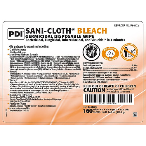 PDI Sani-Cloth Bleach Wipes, 160/Canister, 12 Canisters/Carton (P84172)