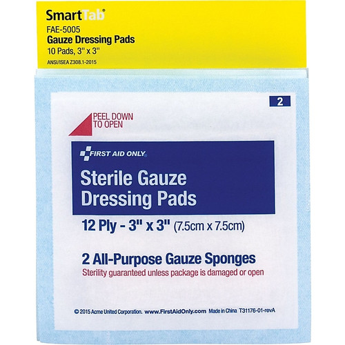 First Aid Only Gauze; Smart Compliance, 3" Gauze Pads, 5/Pack, 2/Box (FAO5005)