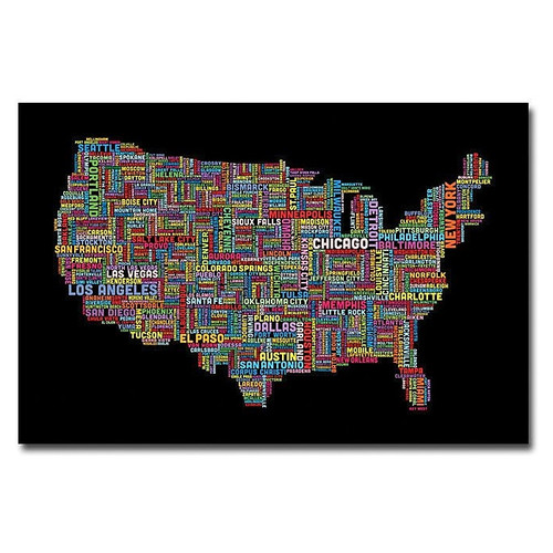 Trademark Global Michael Tompsett "US Cities Text Map II" Canvas Art, 30" x 47" (65dcc24517a032fd2551537c_ud)