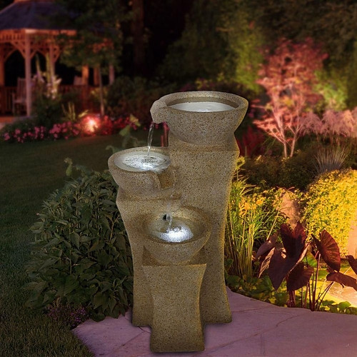 Pure Garden 25" Cascade Bowls Outdoor Fountain With LED Lights, Brown/Tan (65dcc27907424f9c722480a6_ud)