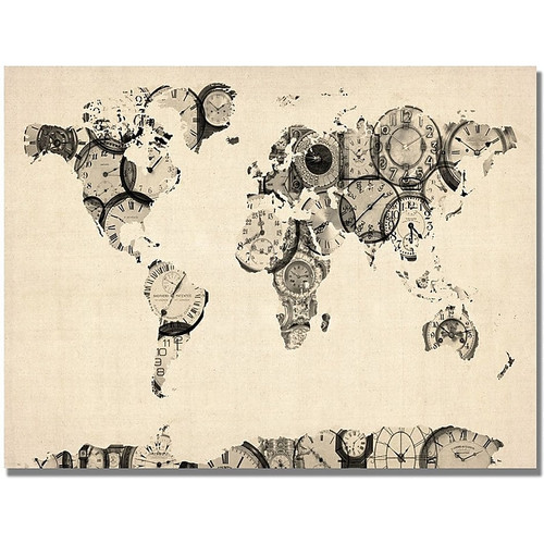 Trademark Global Michael Tompsett "Old Clocks World Map" Canvas Art, 30" x 47" (65dcc28a17a032fd25515490_ud)