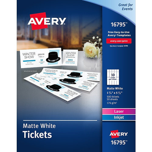 Avery Printable Tickets with Tear-Away Stubs, Matte, 1-3/4" x 5-1/2", 500 Tickets (16795)