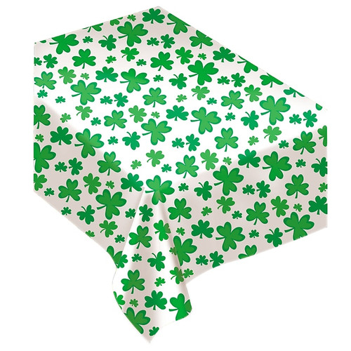 Amscan St. Patrick's Day Shamrock Flannel Backed Tablecover, 52" x 90", White, Green, Vinyl, 2/Pack (579255.90)