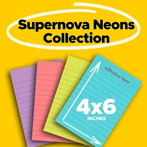 Post-it Super Sticky Notes, 4" x 6", Supernova Neons Collection, Lined, 45 Sheet/Pad, 24 Pads/Pack (660-24SSMIA-CP)