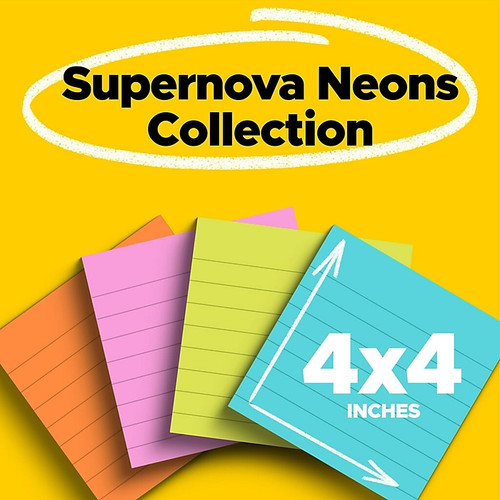 Post-it Super Sticky Notes, 4" x 4", Supernova Neons Collection, Lined, 45 Sheet/Pad, 4 Pads/Pack (4421-4SSMX)