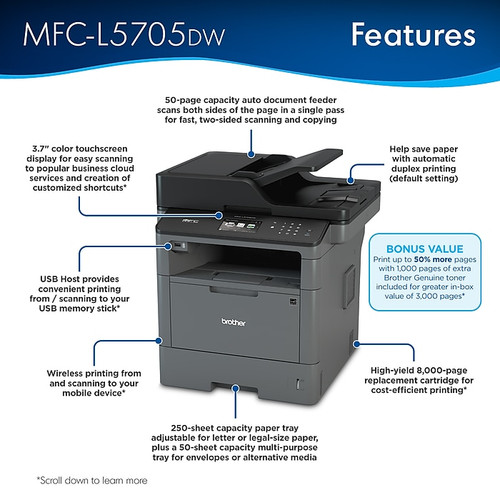 Brother Laser Printer, All-In-One, Print, Scan, Copy, Fax (MFCL5705DW)