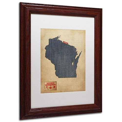 Trademark Michael Tompsett "Wisconsin Map Denim Jeans.." Art, White Matte W/Wood Frame, 11" x 14" (65dcf1fde8837636b11a0457_ud)