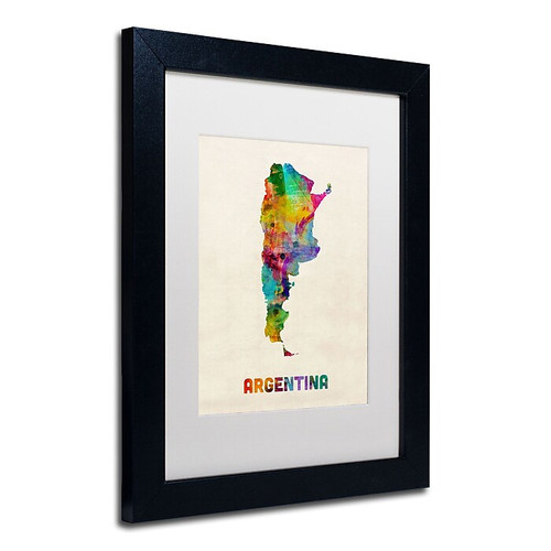 Trademark Michael Tompsett "Argentina Watercolor Map" Art, White Matte W/Black Frame, 11" x 14" (65dcf3d6e8837636b11a16e2_ud)