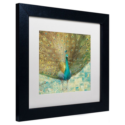 Trademark Danhui Nai "Teal Peacock on Gold" Art, White Matte W/Black Frame, 11" x 11" (65dcf562e8837636b11a1d94_ud)