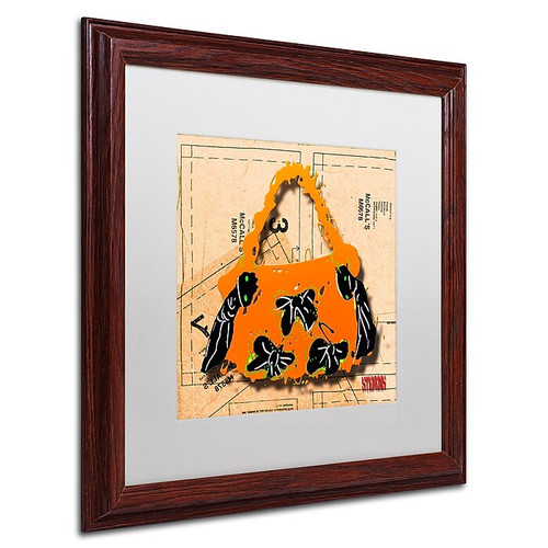Trademark Roderick Stevens "Bow Purse Black on Orange" Art, White Matte With Wood Frame, 16" x 16" (65dcf664e8837636b11a220b_ud)