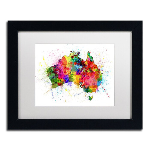 Trademark Fine Art ''Australia Paint Splashes Map'' by Michael Tompsett 11" x 14" White Matted Black Frame (MT0515-B1114MF)