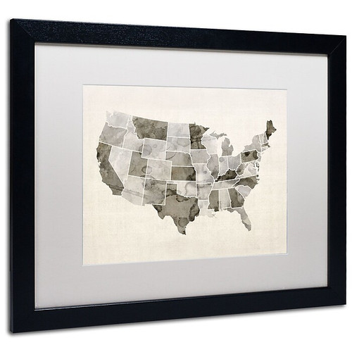 Trademark Michael Tompsett "United States Watercolor Map" Art, White Matte W/Black Frame, 16" x 20" (65dcf812e8837636b11a294c_ud)